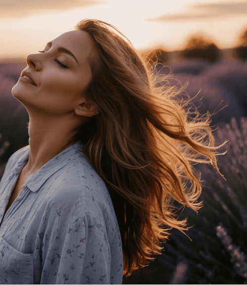 A woman relaxes in a field of blooming lavender at sunset, a moment of deep relaxation helping to alleviate stress.