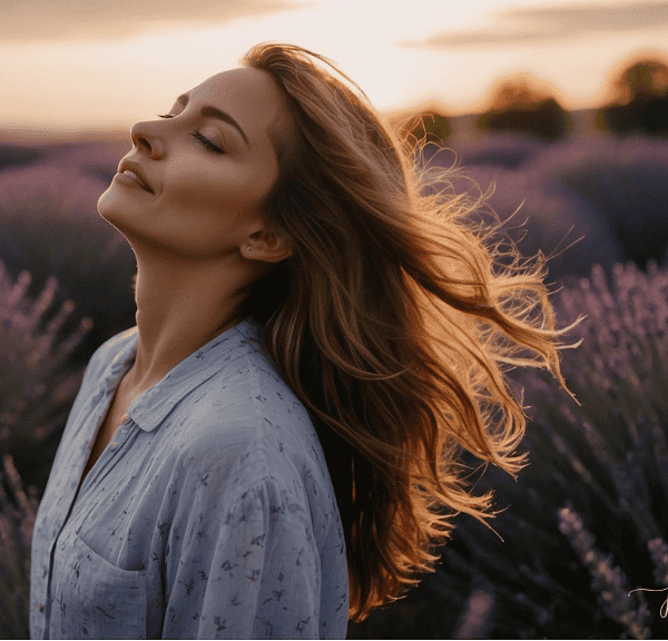 A woman relaxes in a field of blooming lavender at sunset, a moment of deep relaxation helping to alleviate stress.