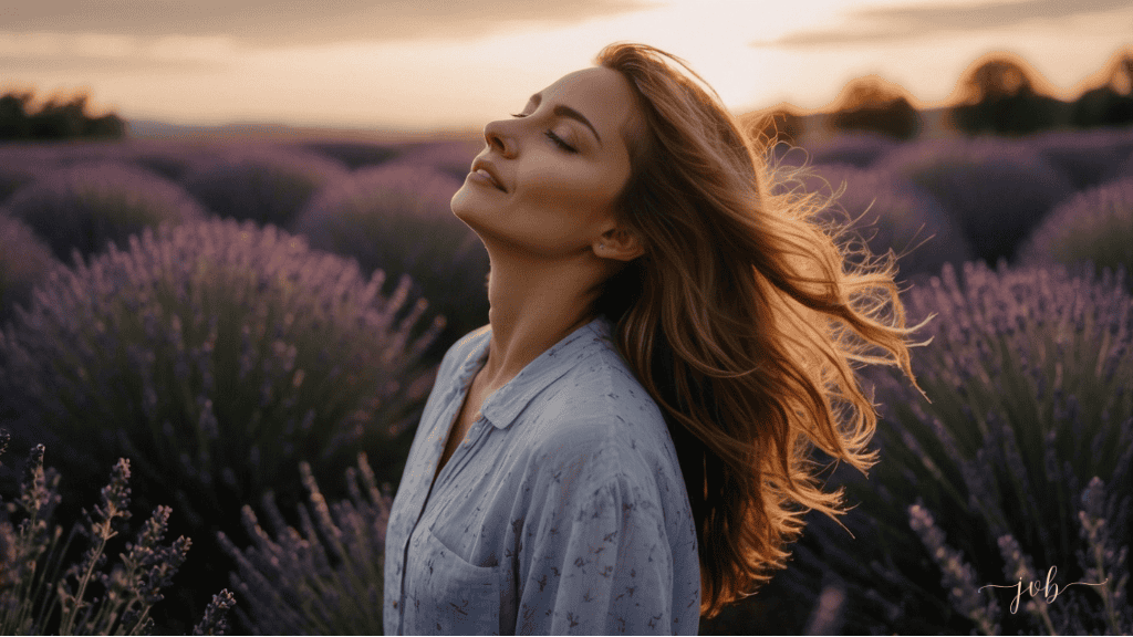 A woman relaxes in a field of blooming lavender at sunset, a moment of deep relaxation helping to alleviate stress.