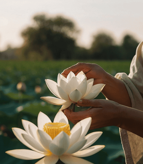 The image depicts a woman in a serene lotus field at sunset. She is dressed in a flowing, light-colored robe, gently holding and admiring a white lotus flower in her hands.