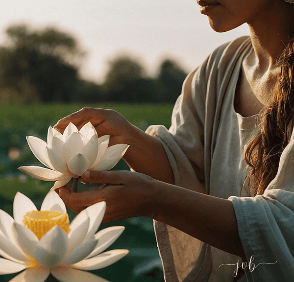 The image depicts a woman in a serene lotus field at sunset. She is dressed in a flowing, light-colored robe, gently holding and admiring a white lotus flower in her hands.