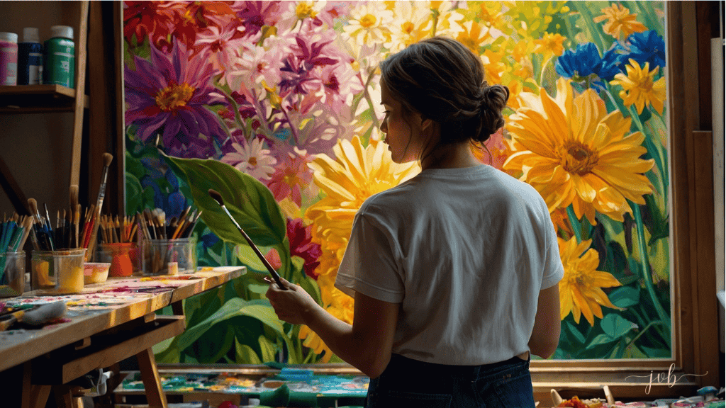 A woman stands before a vibrant floral painting, adding touches with a brush, surrounded by a colorful array of art supplies in a sunlit studio.