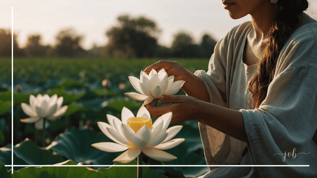 The image depicts a woman in a serene lotus field at sunset. She is dressed in a flowing, light-colored robe, gently holding and admiring a white lotus flower in her hands.