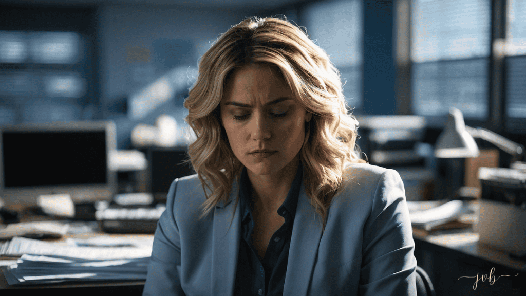 A woman in a blue suit sits at a cluttered office desk, her eyes closed and a concerned expression on her face, amidst the chaos of paperwork and computers.