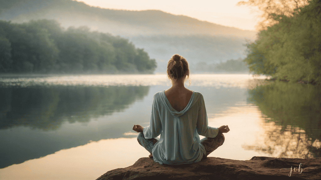 A woman meditating in a serene lakeside setting at dawn, surrounded by misty mountains and calm waters.