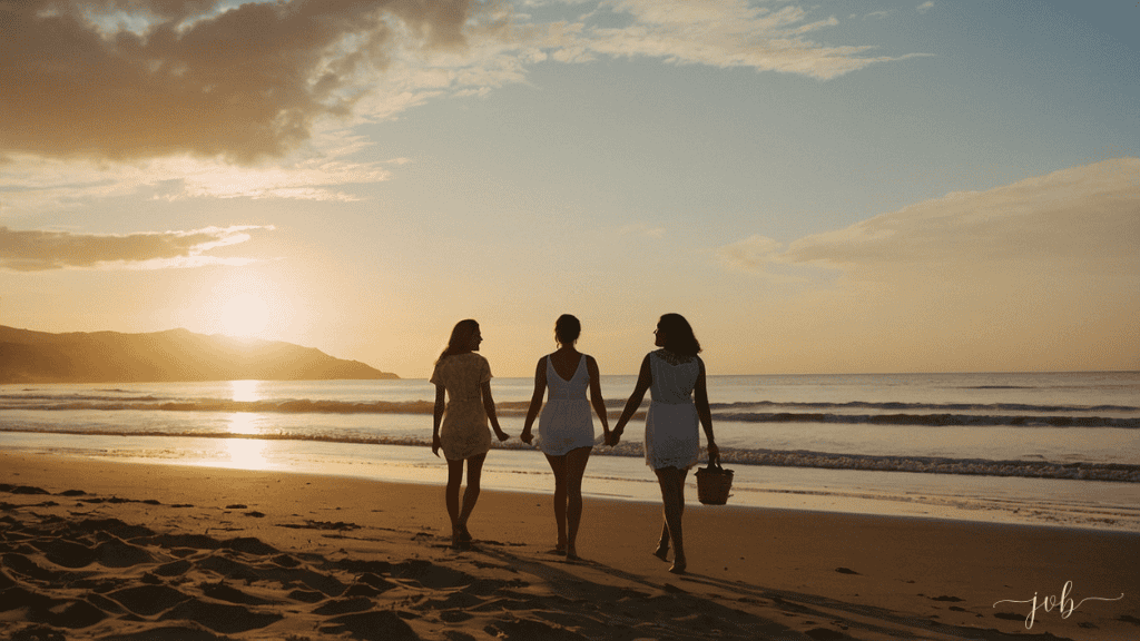 Three women walking hand-in-hand along a beach at sunset, their silhouettes against the ocean and a setting sun.