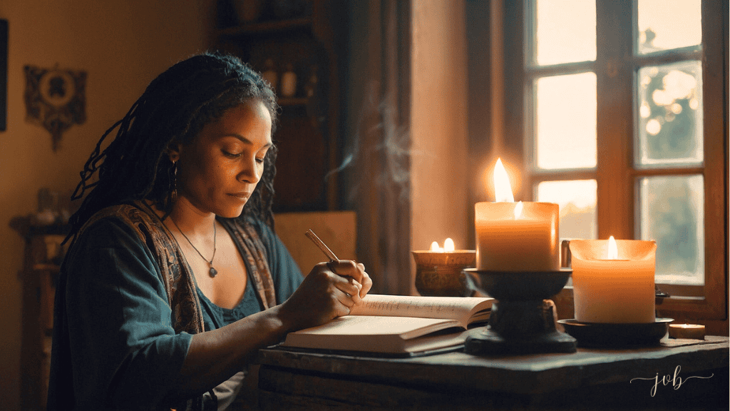 A woman with dreadlocks writes thoughtfully in a journal by candlelight, in a cozy, warmly lit room.