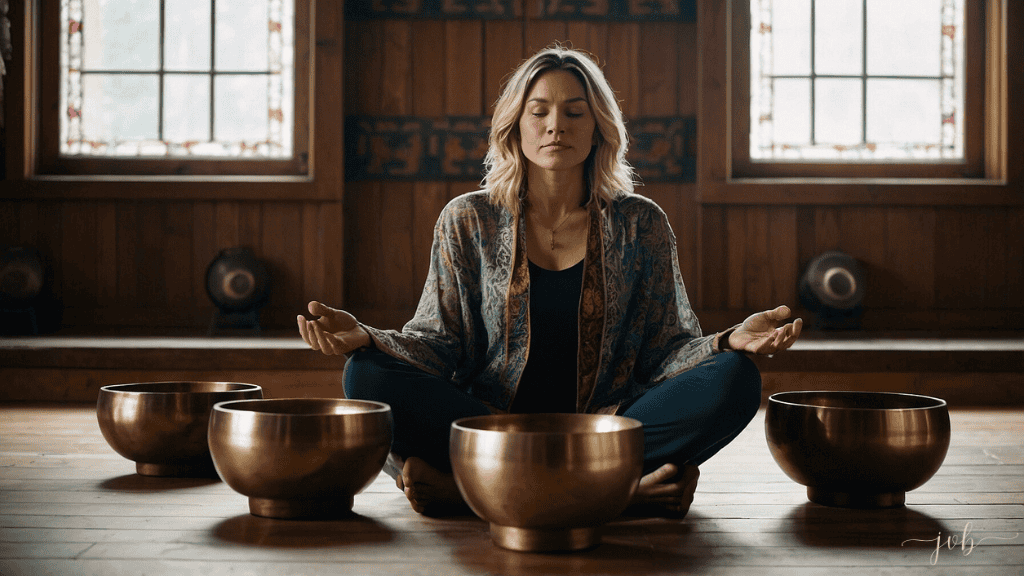 A woman meditates in a peaceful setting, surrounded by golden singing bowls, inside a wooden room with stained glass windows.