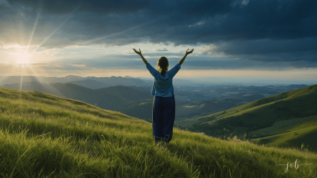 A woman stands with arms raised in a field on a mountain at sunrise, expressing joy and gratitude as light breaks through the clouds.