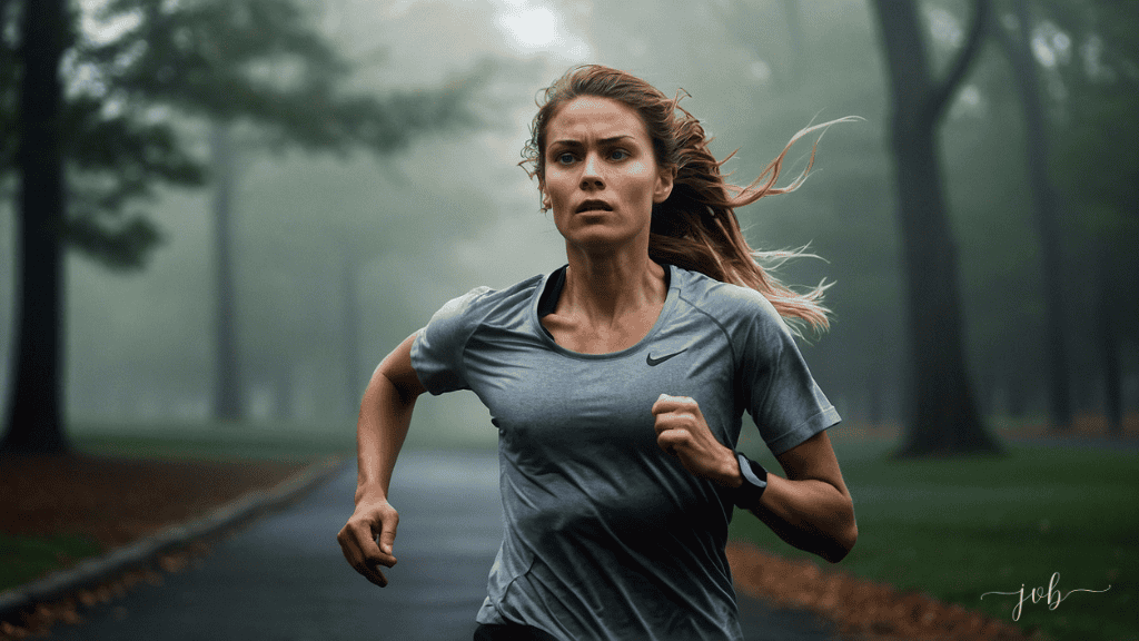 A determined woman running through a foggy, tree-lined park in the early morning, showing focus and intensity.