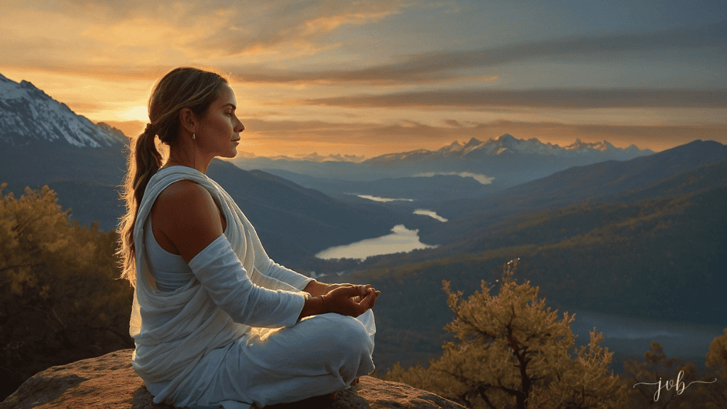 A woman in a white outfit meditates at sunrise on a mountain, overlooking a majestic landscape with snow-capped peaks and a winding river.