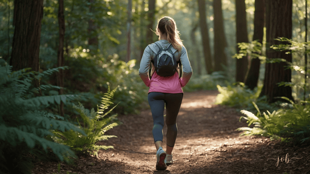 A woman walking on a forest trail, surrounded by tall trees and lush ferns in the soft morning light.