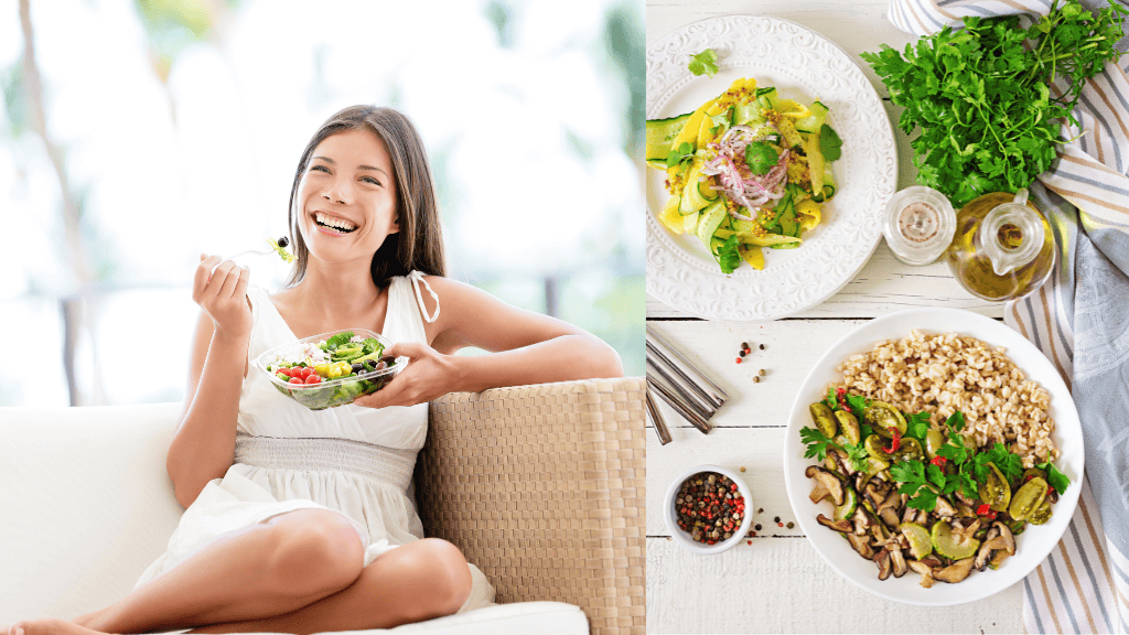 A joyful young woman enjoying a fresh salad on a sunny patio, paired with images of delicious, healthy meals prepared at home.