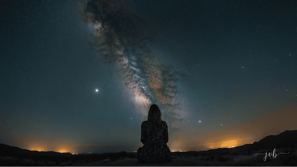 A woman seated outdoors at night, looking at a majestic Milky Way galaxy stretching across the starry sky, symbolizing deep self-awareness and reflection.