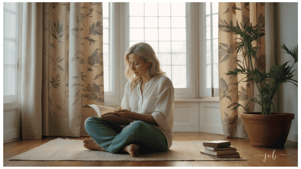 A serene woman reading a book by a large window, surrounded by lush indoor plants, embodying the practice of self-awareness and quiet self-care.