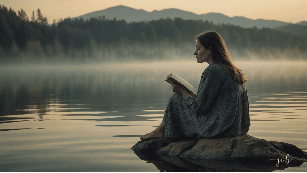 A woman sits on a rock by a tranquil lake, lost in thought while reading a book in a misty, serene environment, symbolizing deep introspection and self-awareness.