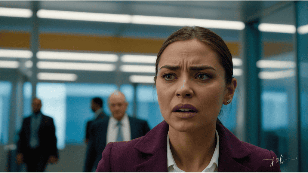 A concerned woman in a purple blazer appears shocked in a busy office setting.