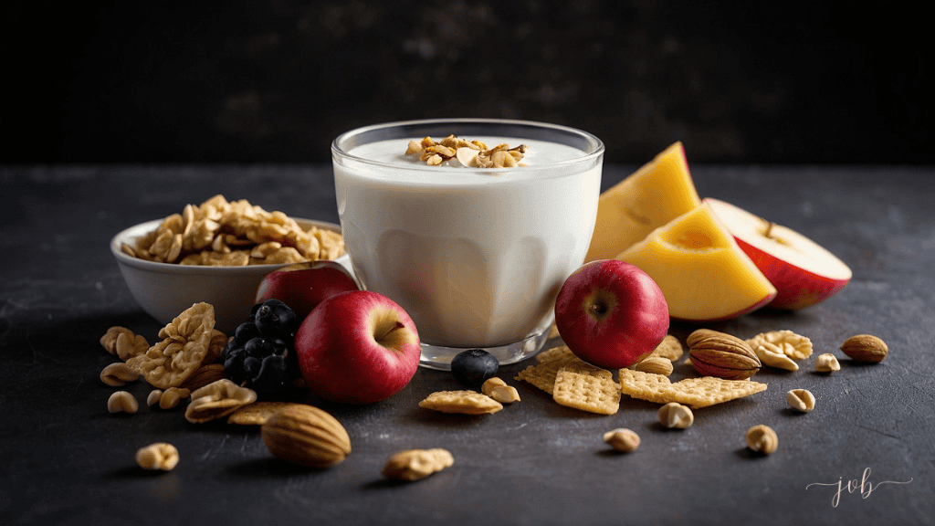 A nutritious snack setup on a dark background featuring a glass of yogurt topped with nuts, fresh apples, blueberries, walnuts, and whole almonds.