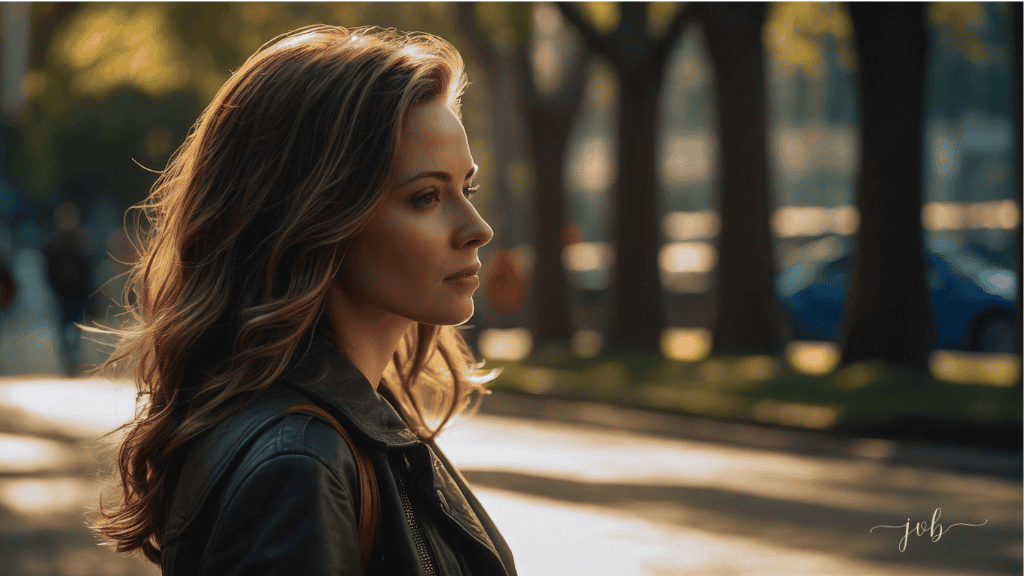 A woman in a leather jacket walks thoughtfully along a tree-lined city street, bathed in warm sunlight.