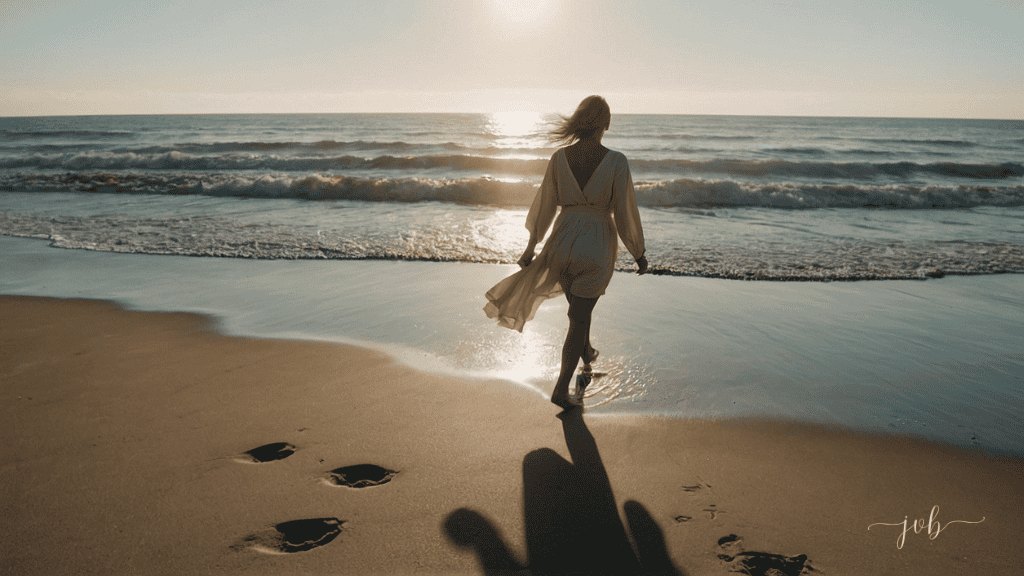 A woman in a flowing white dress walks towards the ocean at sunset, leaving footprints in the sand.