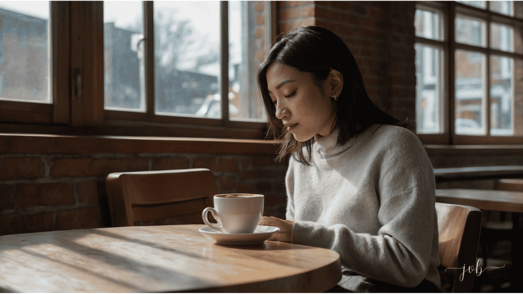 A contemplative woman sitting alone at a café table, gazing down at her coffee cup in a sunlit room.