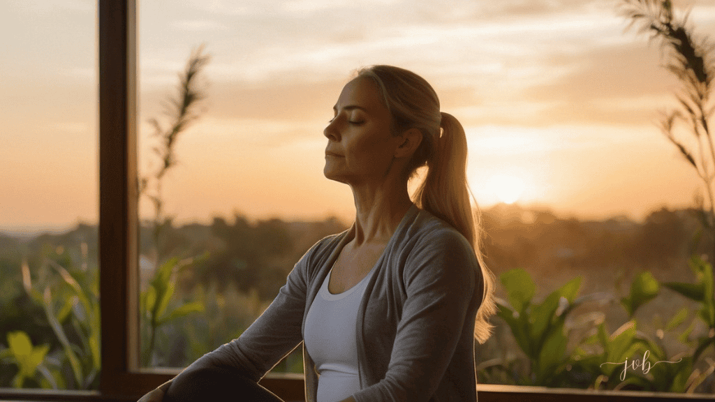 Woman meditating at sunset, experiencing a moment of calm and self-care.