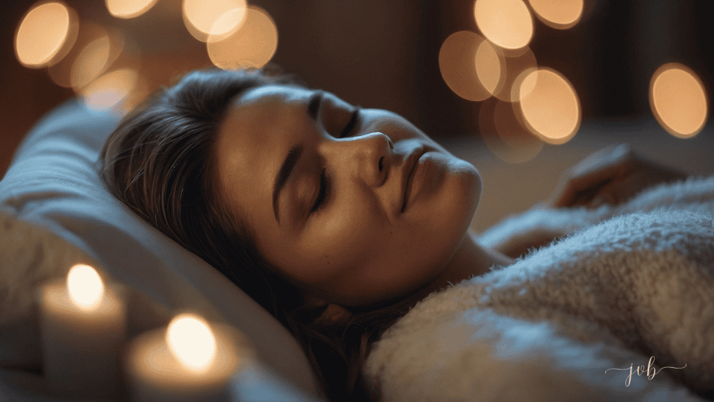 A woman peacefully sleeping in a cozy, dimly-lit room surrounded by soft candlelight and warm bokeh lights, embodying tranquility and restfulness.