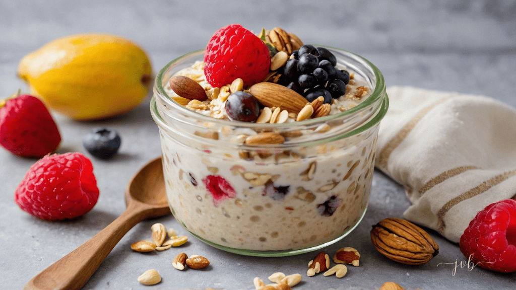 A jar of overnight oats topped with fresh strawberries, blueberries, and assorted nuts, accompanied by a wooden spoon on a grey surface with a mango and a raspberry in the foreground.