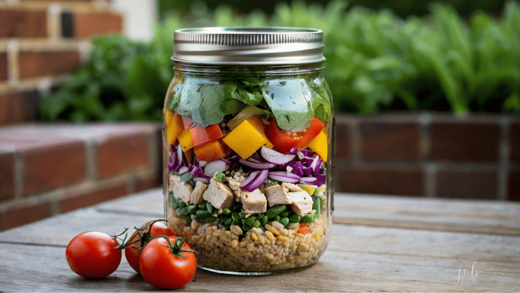 A mason jar salad neatly layered with grilled chicken, quinoa, and vibrant rainbow vegetables, accompanied by fresh tomatoes on a wooden outdoor table, showcasing a healthy and colorful meal option.