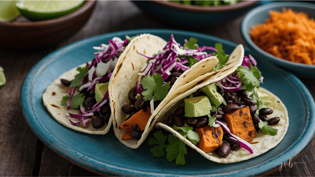 Vegetarian tacos filled with roasted sweet potatoes, black beans, fresh avocado, and purple cabbage slaw on a rustic blue plate, garnished with cilantro, beside a side dish of grated carrot.