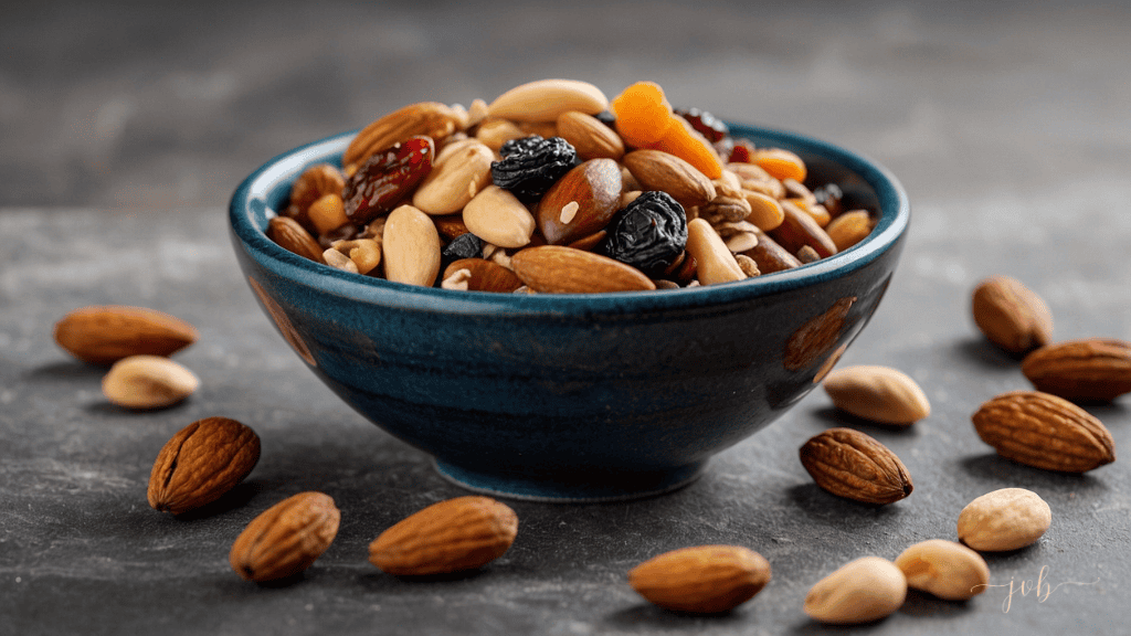 A bowl of homemade trail mix containing almonds, peanuts, dried cranberries, and apricots in a blue ceramic bowl on a textured grey surface with scattered nuts around.