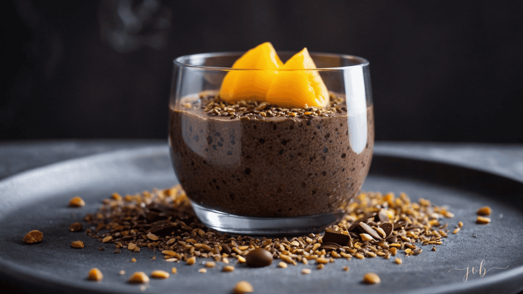 A glass cup filled with chocolate chia seed pudding topped with mango pieces, surrounded by scattered chia seeds and chocolate pieces on a dark surface.