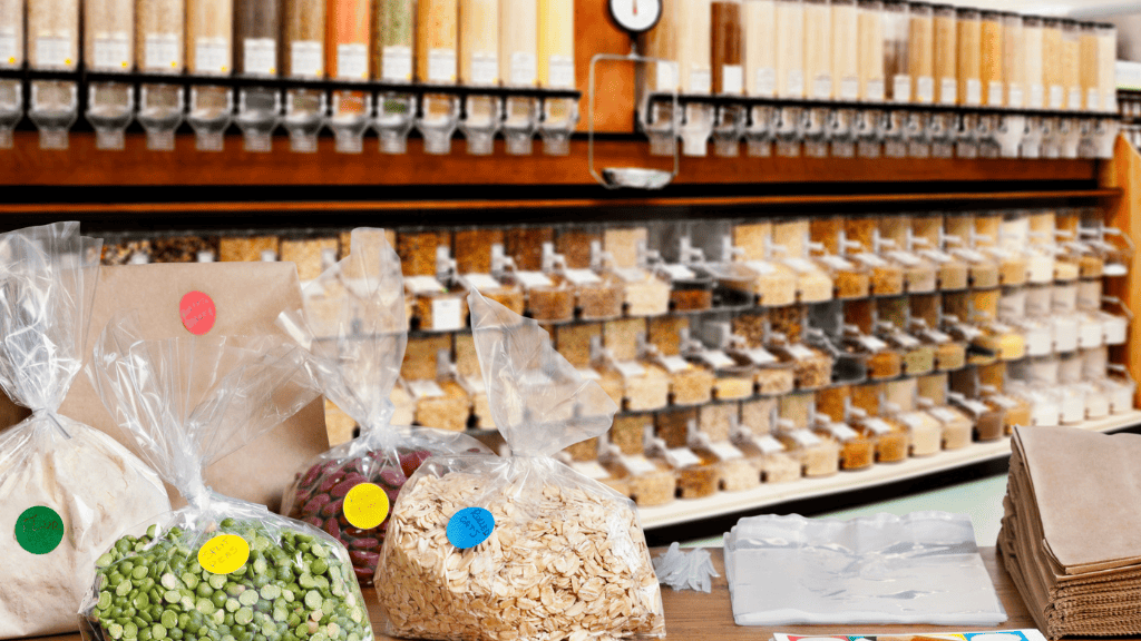 Bulk food bins in a grocery store with various grains, pulses, and spices neatly displayed, accompanied by pre-packed bags of rice, lentils, and oats on a table.