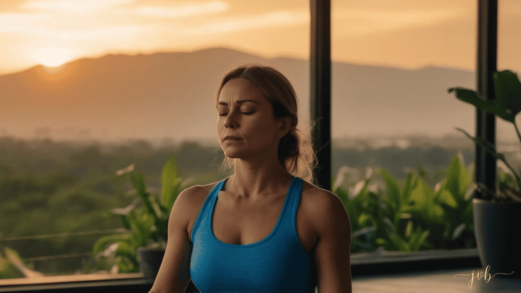 A woman meditating outdoors at sunrise, with a peaceful expression, surrounded by lush greenery and mountains under a warm sky.