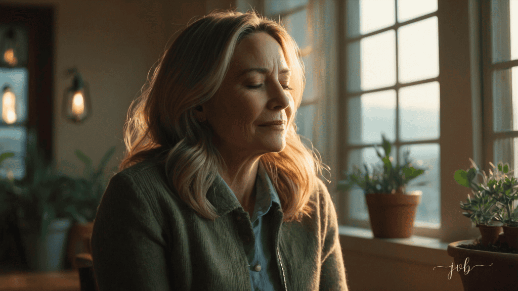 A mature woman with blond hair, eyes closed in a serene expression, sits in a warmly lit room by a window, surrounded by potted plants.