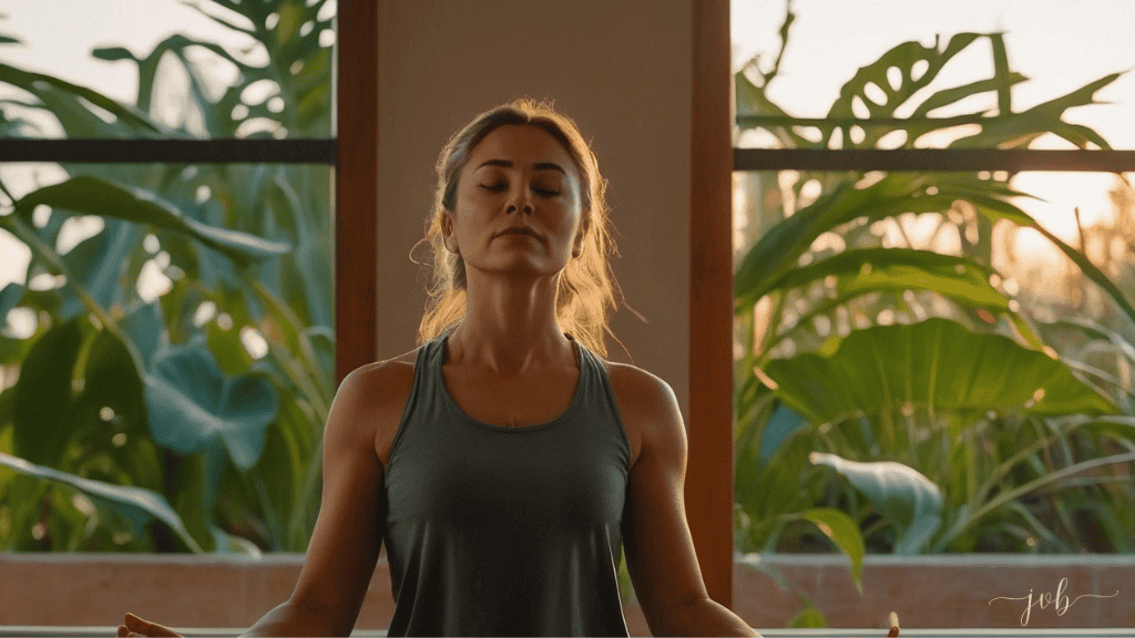 A woman meditates in a serene setting, surrounded by lush tropical plants, during a peaceful sunset.