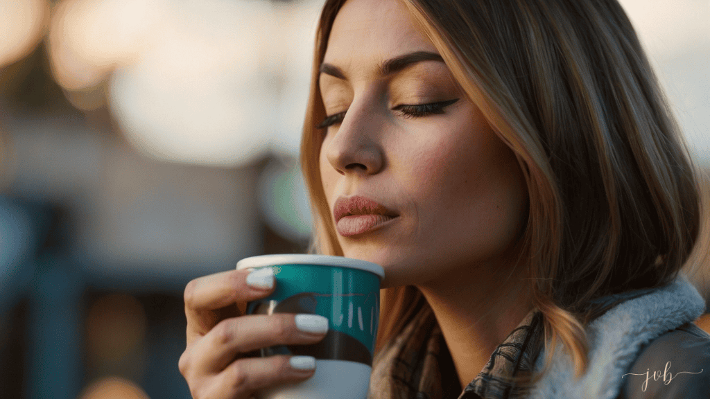 A woman with closed eyes, savoring the aroma of her coffee, outdoors in soft, natural light.