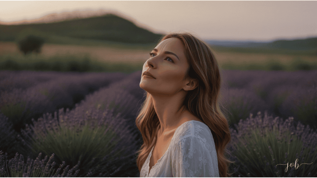 A woman in a white dress stands in a lavender field at dusk, looking up contemplatively.