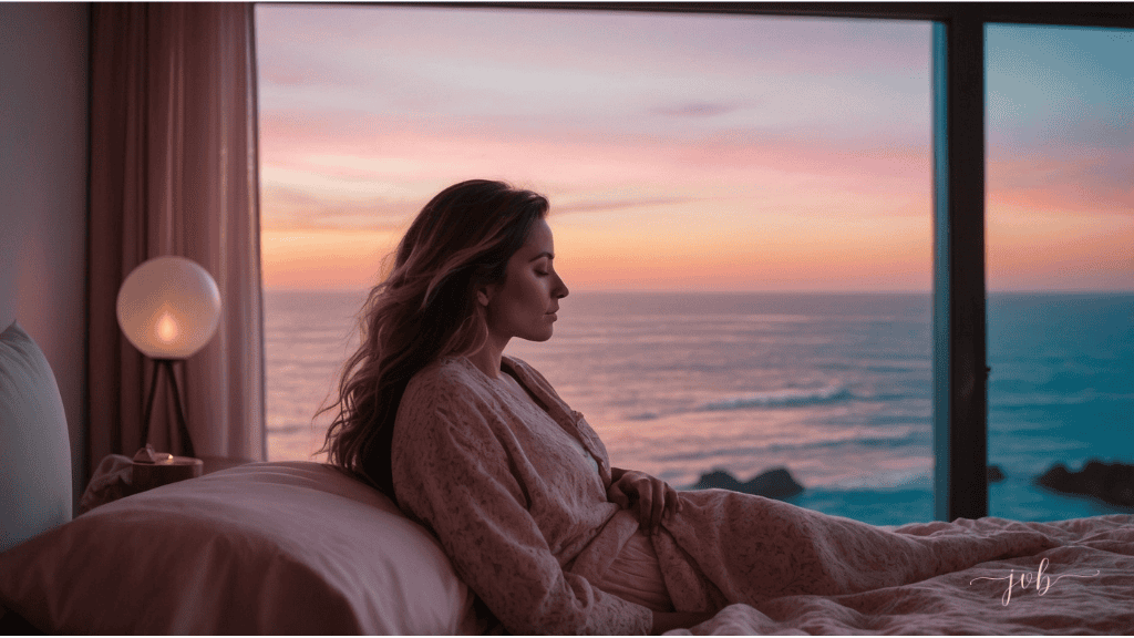 A woman sits contemplatively on a bed, looking out at a serene ocean sunset through a large window.