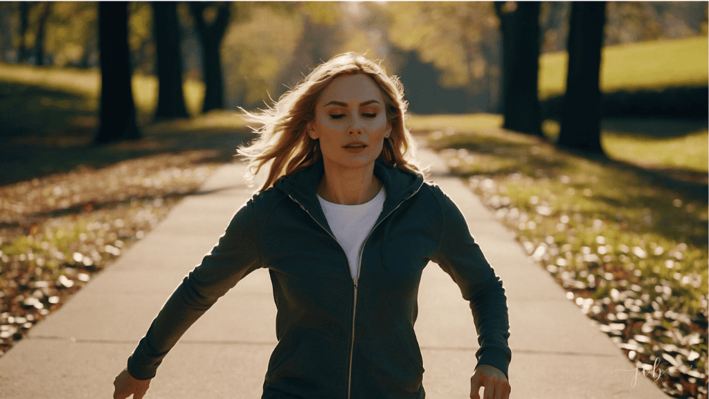 A woman jogs through a sunny park lined with autumn leaves, focusing intently on her path.