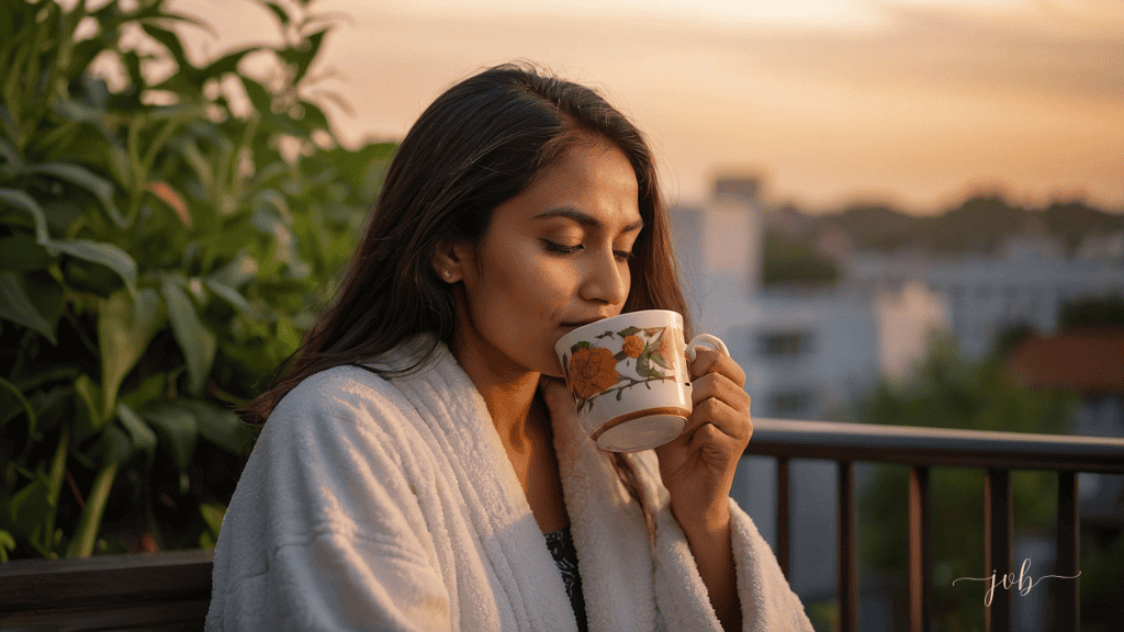  A woman in a white robe enjoys a cup of tea at sunset on a balcony, surrounded by lush greenery.