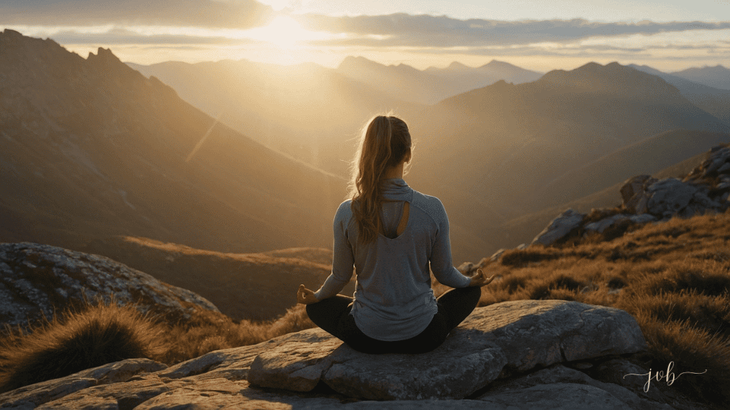 Woman meditating on a mountain at sunrise, embracing peace and tranquility