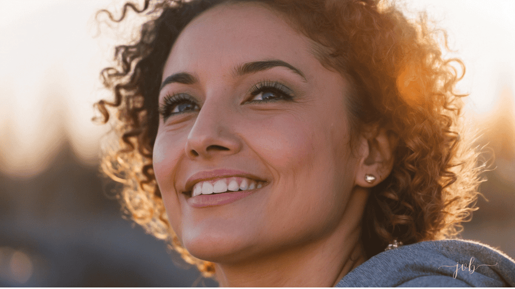 Joyful young woman with curly hair enjoying a sunset