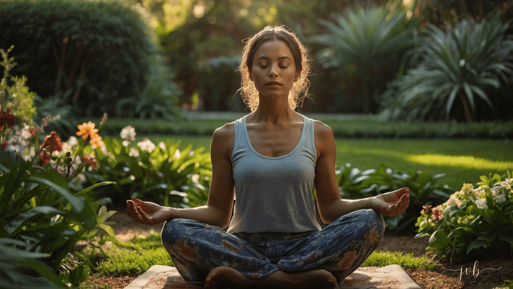 Woman meditating in a lush garden at sunset.