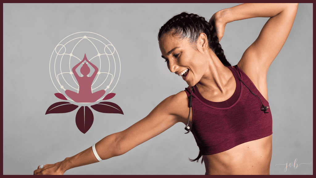 A joyful woman in a maroon sports bra stretching, embodying a healthy body lifestyle, with a yoga-themed graphic in the background.