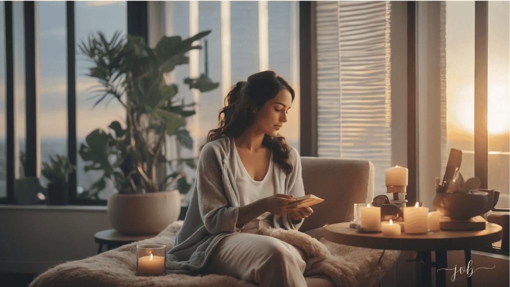 A woman relaxes in a cozy, candlelit room at sunset, reading a book with a thoughtful expression.