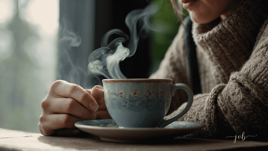 Close-up of a woman’s hands holding a steaming cup of tea, symbolizing a moment of mindfulness and relaxation.