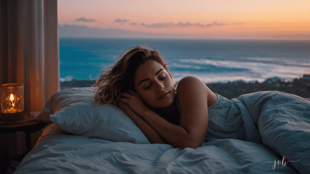 A woman sleeping peacefully in her bed at dawn, with a serene ocean view in the background, exemplifying the restorative power of sleep.