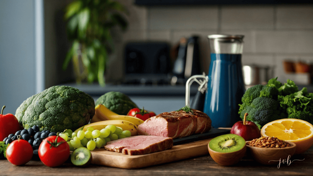 A vibrant assortment of healthy foods including fruits, vegetables, lean meats, and nuts on a kitchen counter.