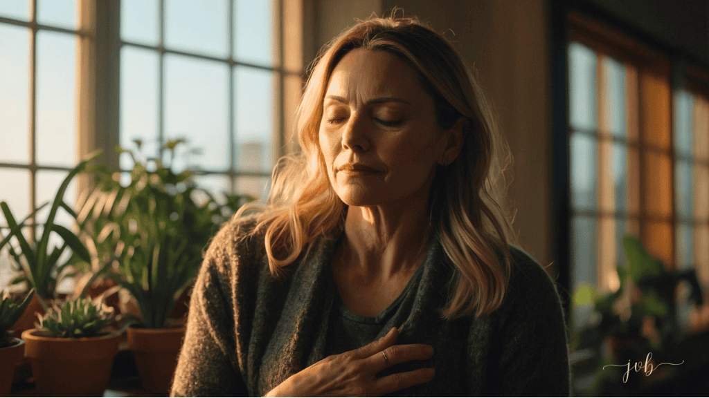 A woman with closed eyes, taking a deep breath in a sunlit room filled with plants, embodying a moment of mental and emotional self-care.